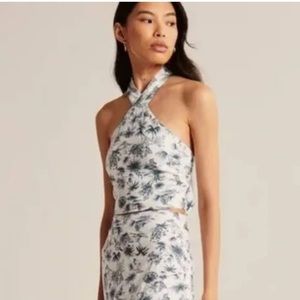 ABERCROMBIE & FITCH Women's Cropped Linen-Blend Halter Top Navy White XS